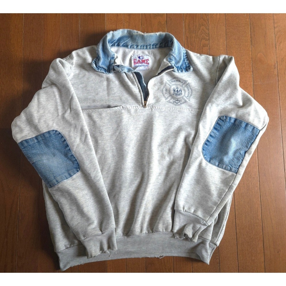 80s Maine Fire Training & Education size L 1/4 Zip Pullover Denim Made in USA